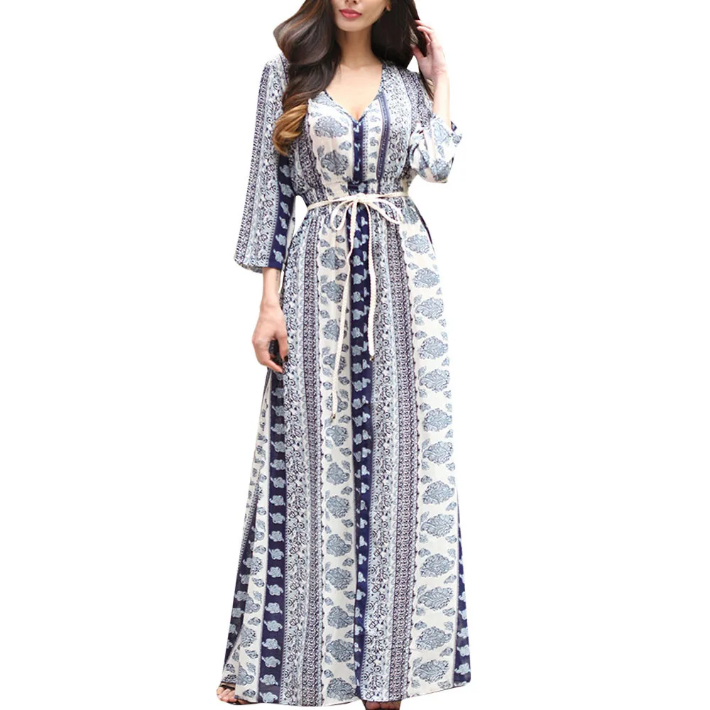 Blue Telotuny печатных осень цветочные Boho длинным рукавом Женские платье платья для беременных реквизит элегантное праздничное платье 8 октября - Цвет: Blue