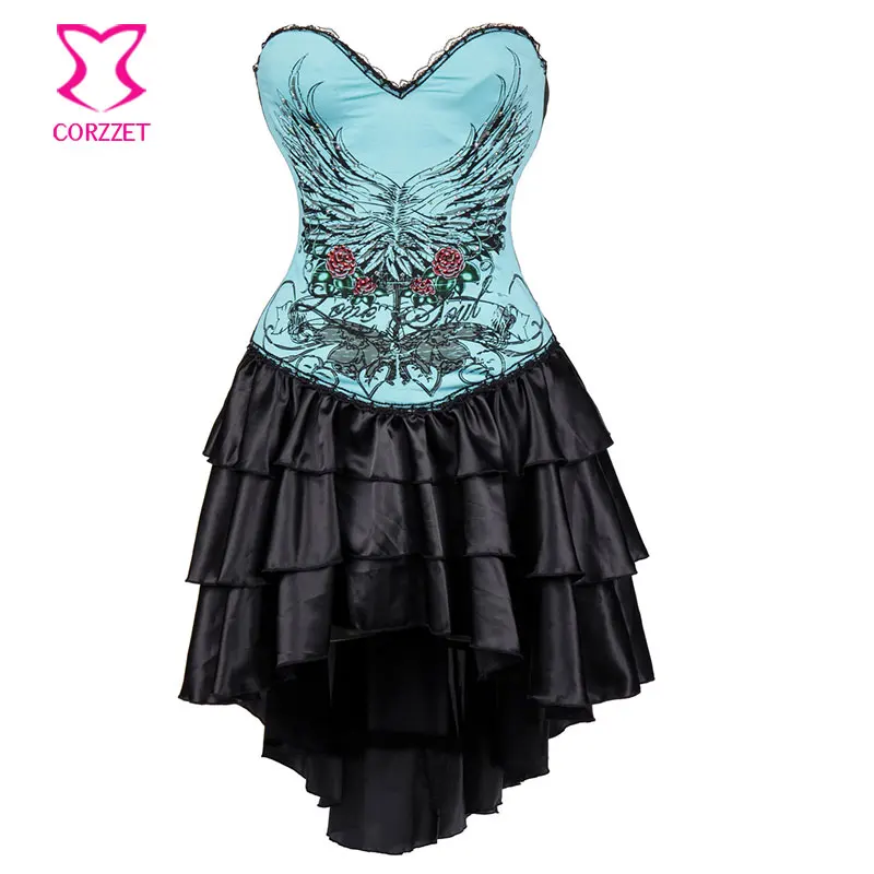 Blue Floral Printed Vintage Corsets And Bustiers Victorian Gothic Dresses Sexy Bustier Corset Dress Steampunk Costumes For Women