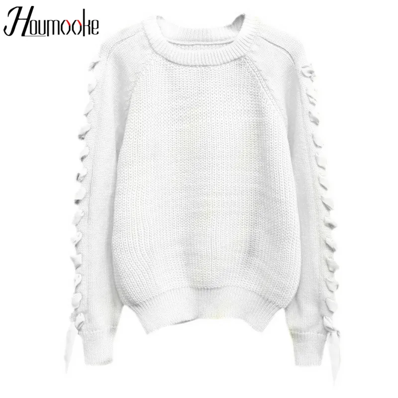 HMK 2019 Women Sweater Knitted O-neck Bow Long Seleeve solid color chic Pullover Womens Sweaters Jumper Sueter Mujer Top | Женская