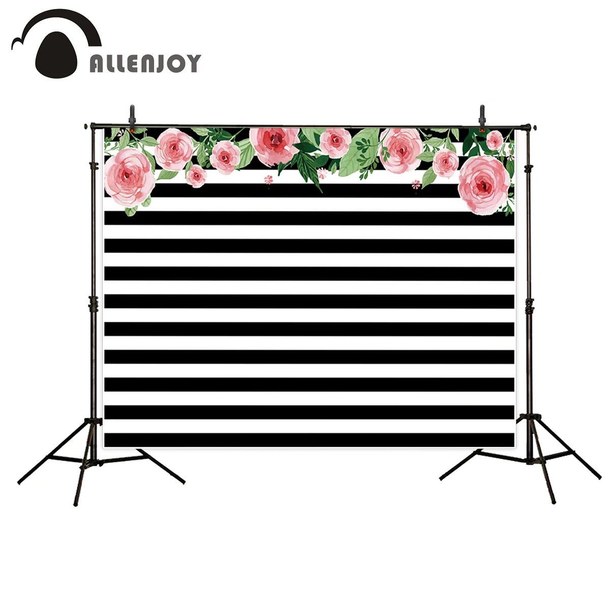 

Allenjoy spring backdrop photophone flowers leaves black white stripe birthday wedding party photocall photographic background