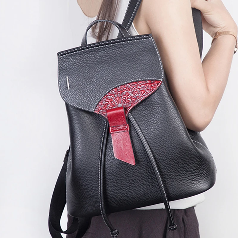 Высокое качество женский рюкзак из натуральной кожи китайский стиль с тиснением