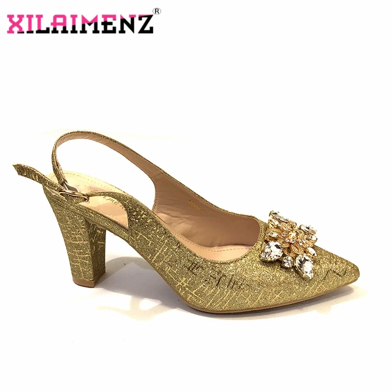 

Latest Gold Color Wedding Shoes for Women Italian Shoes Decorated with Rhinestone African Shoes Nigerian Pointed Toes Party Pump
