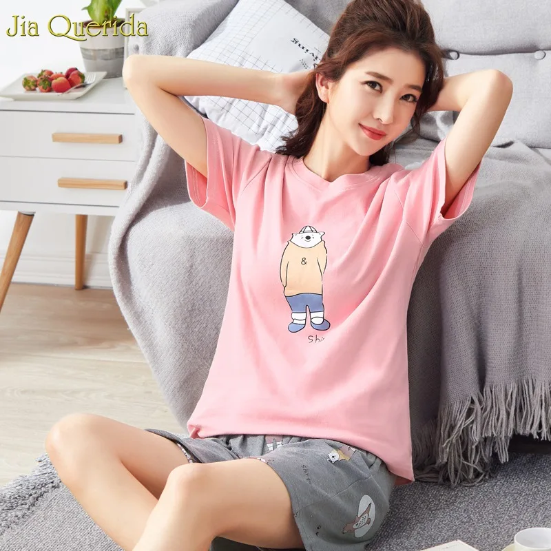 Night Suit Set Pajamas Short Sleeve 2019 New Cotton Womens Sleepwear Shorts Cartoon Print Pink Blue Men Women Couple | Женская одежда