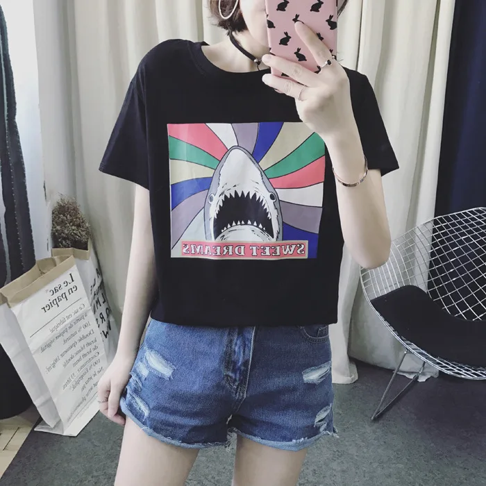 Корейский Поп веселое Harajuku с персонажами из мультфильма Акула принтом Для женщин