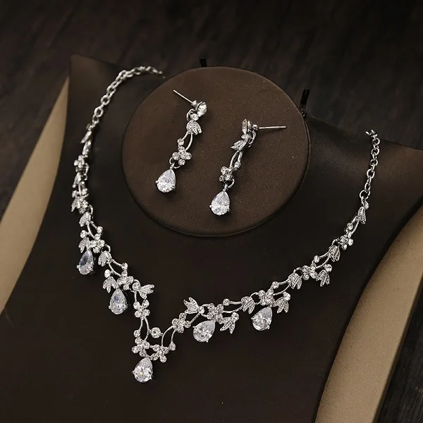 Fig Diarios de noiva Nupcial Flor водяная капля Cor Prata Strass Noiva комплект из 3 предметов Colar Brincos Conjunto De Joias de Casamento - Окраска металла: Fig