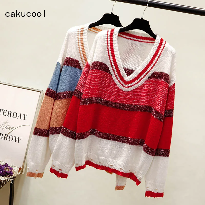 Женский свитер с люрексом Cakucool вязаный пуловер в полоску v-образным вырезом