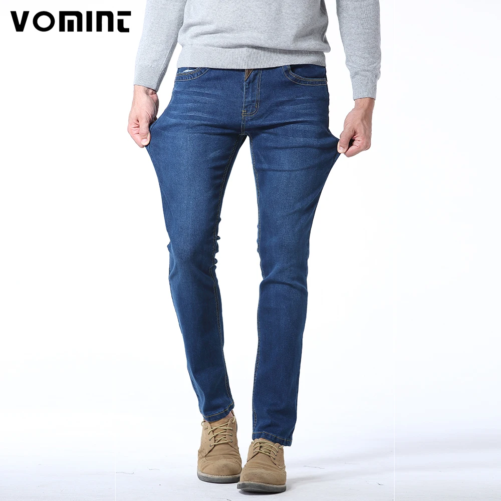 Фото Vomint бренд 2019 мужские джинсы классические модные кожаные сплайсированные тонкие(Aliexpress на русском)