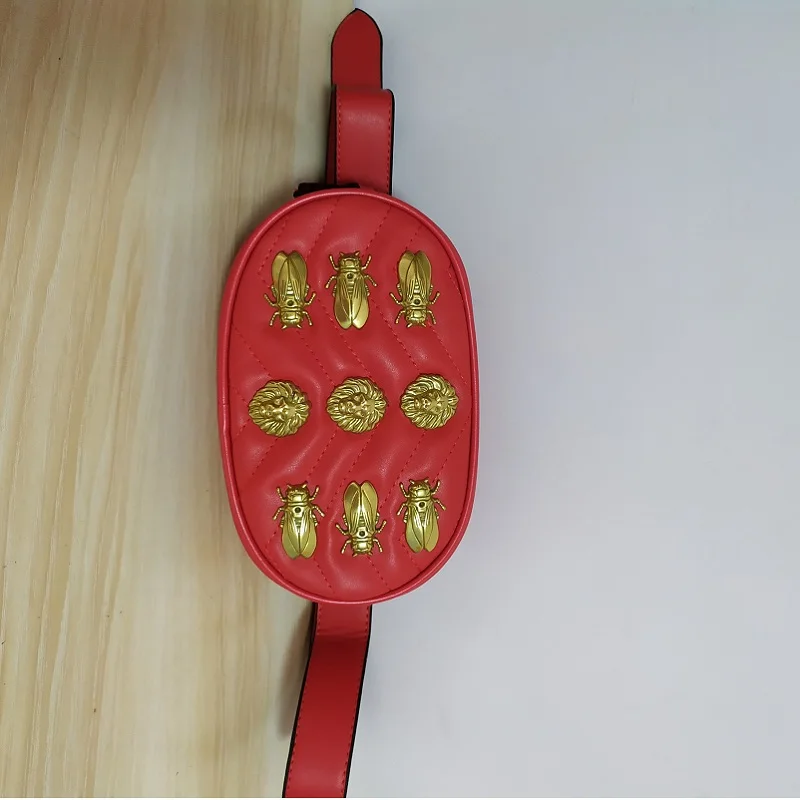 red Caker женская сумка на талию с металлическими блестками, львиная пчела, поясная сумка с ремнем, вышивка V, Алмазная решетка, в форме сердца, круглая сумка на плечо - Цвет: red