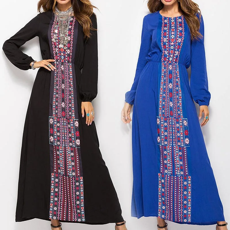 Недавно Для женщин Boho Maxi Dress Винтаж с принтом длинными рукавами круглым вырезом
