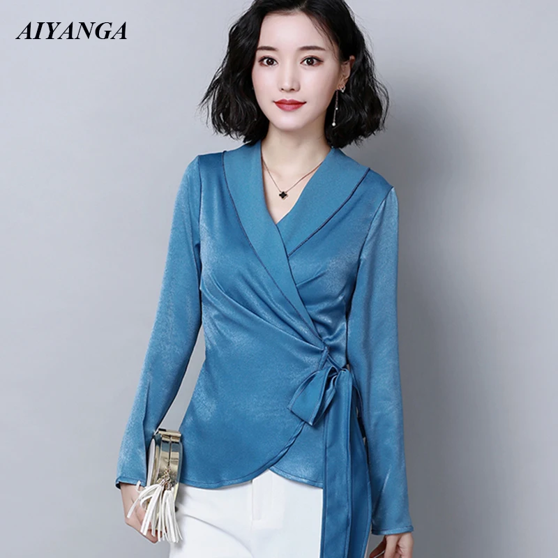 OL Blouses Women 2019 Spring Shirts Womens Tops and Blouses Long Sleeve Slim Lace Up Bow Elegant Shirts For Office Lady