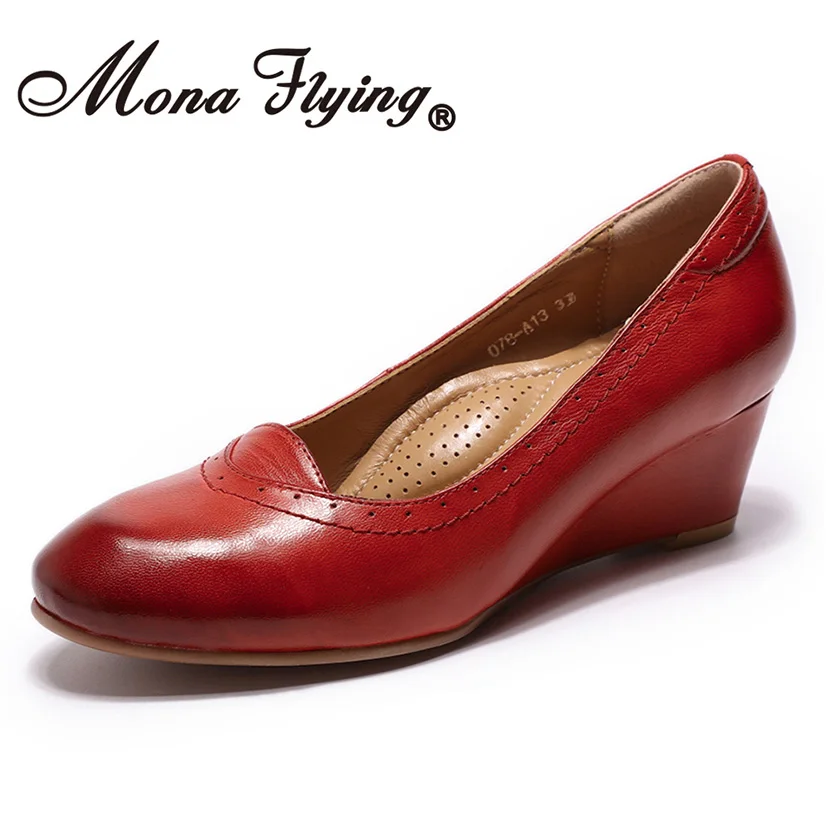 Mona Flying/женские туфли-лодочки на танкетке из натуральной кожи модельные женские туфли на высоком каблуке с круглым носком без застежки ручной работы, 078-A13 - Цвет: Red