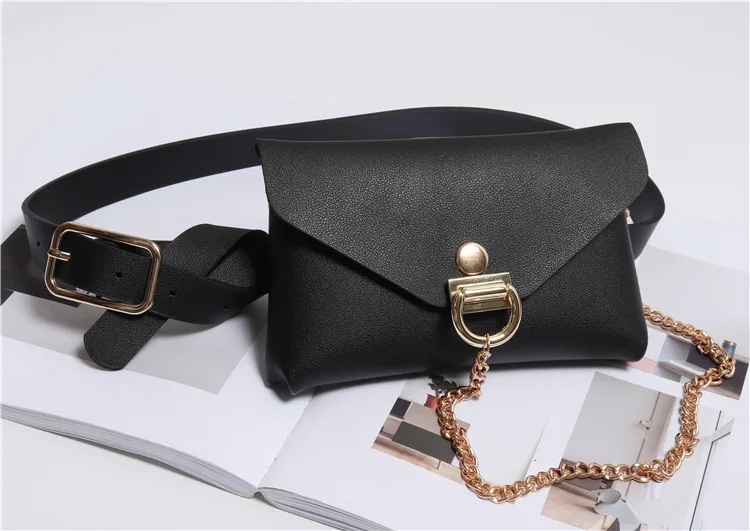 black Women Fanny Pack Serpentine Leather Belt Bag Fashion Snake Skin Chain Women Pouch Ladies Bum Waist Bag Shoulder Bag Purse - Цвет: black