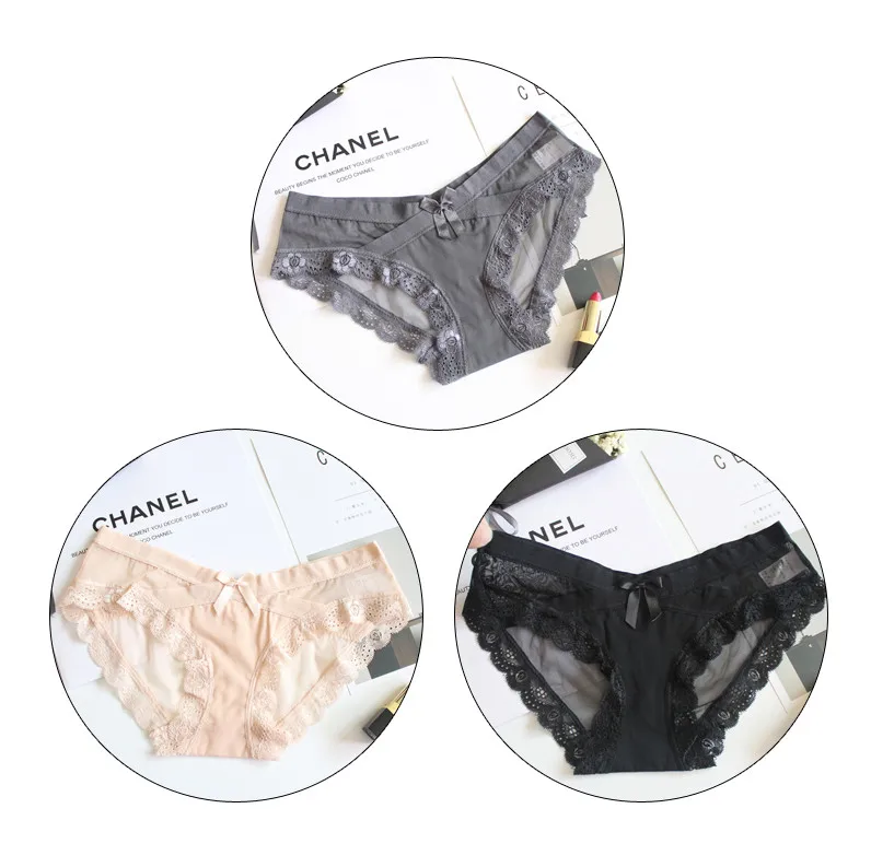 Gray skin black TERMEZY, 3 шт., новинка, сексуальные женские трусы с кружевным краем, нижнее белье из хлопка с низкой талией, дышащее модное нижнее белье, шесть цветов - Цвет: Gray skin black