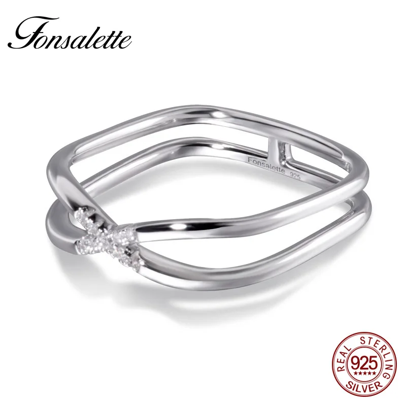 

High Mirror poilshed Sterling Silver X Criss Cross Ring Square 2 Band CZ Eternity Ring Cubic Zircon Stackable Wedding Ring ZK30