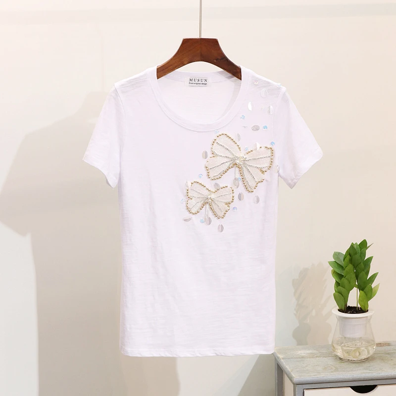 Женская летняя футболка 2020 новинка Повседневная расшитая бисером и блестками с