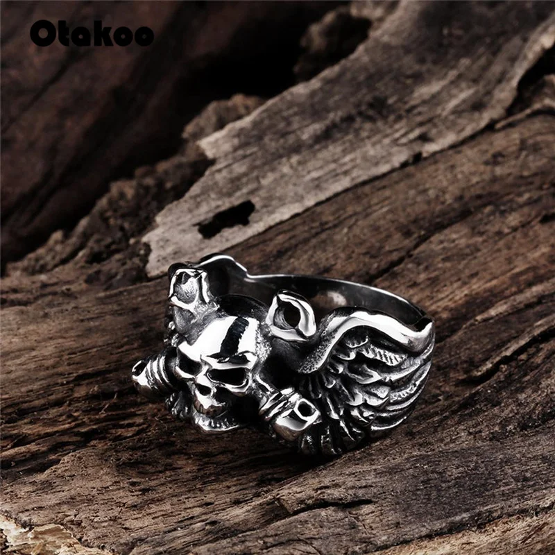 Otakoo Новинка крутое стильное серебряное кольцо с черепом крыльями 316L из