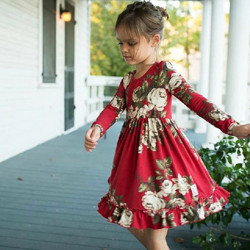 Hot Toddler Kids Girl Long Sleeve Flower Party Dress Ruffle Back Lace-up Princess Summer Sundress Clothes Cotton 1-6T | Детская одежда
