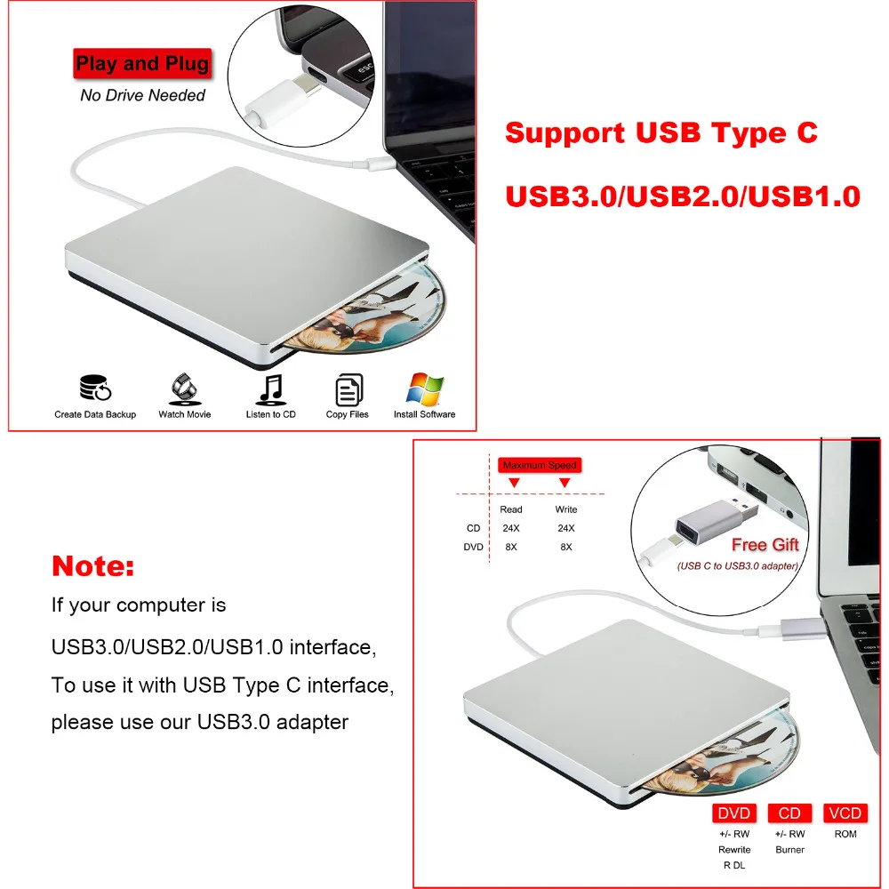 USB3.0 Внешний DVD CD-накопитель USB C Superdrive DVD/CD +/-RW горелки Писатель Для MacBook Pro