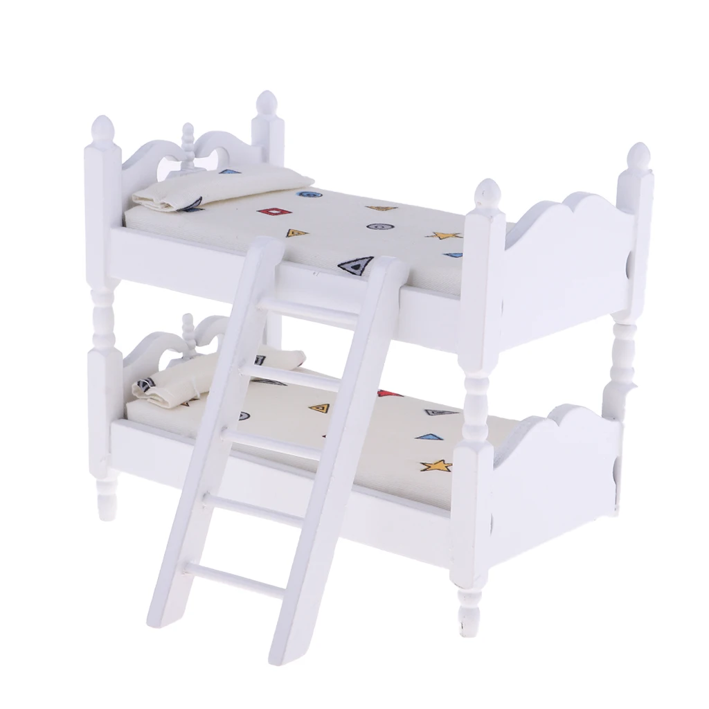 

2pcs Dollhouse 1:12 Scale Bunk Bed with Mattress Wood Miniature Furniture Accessory