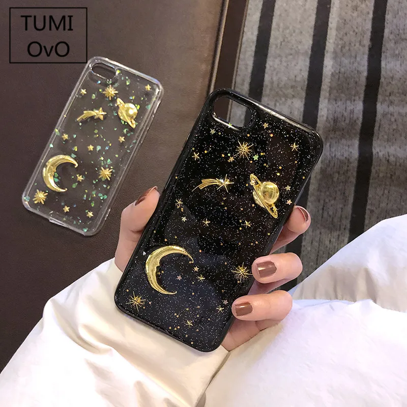 Блестящий чехол с блестками для iphone 6 6s Plus 7 8 Луной космосом звездами блестящие