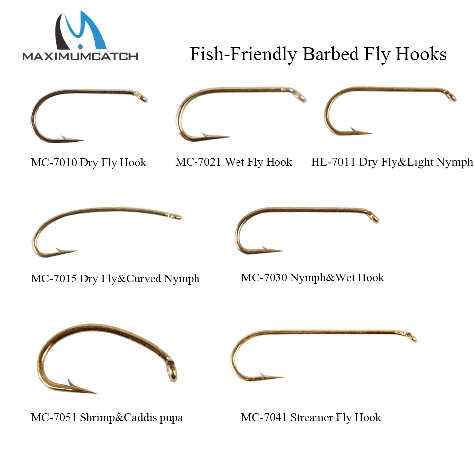 Maximumcatch 100pcs 4#-22# Fish-Friendly Barbed Fly Fishing Hooks Dry&Wet&Nymph&Shrimp Caddis Pupa Streamer Fly Hooks