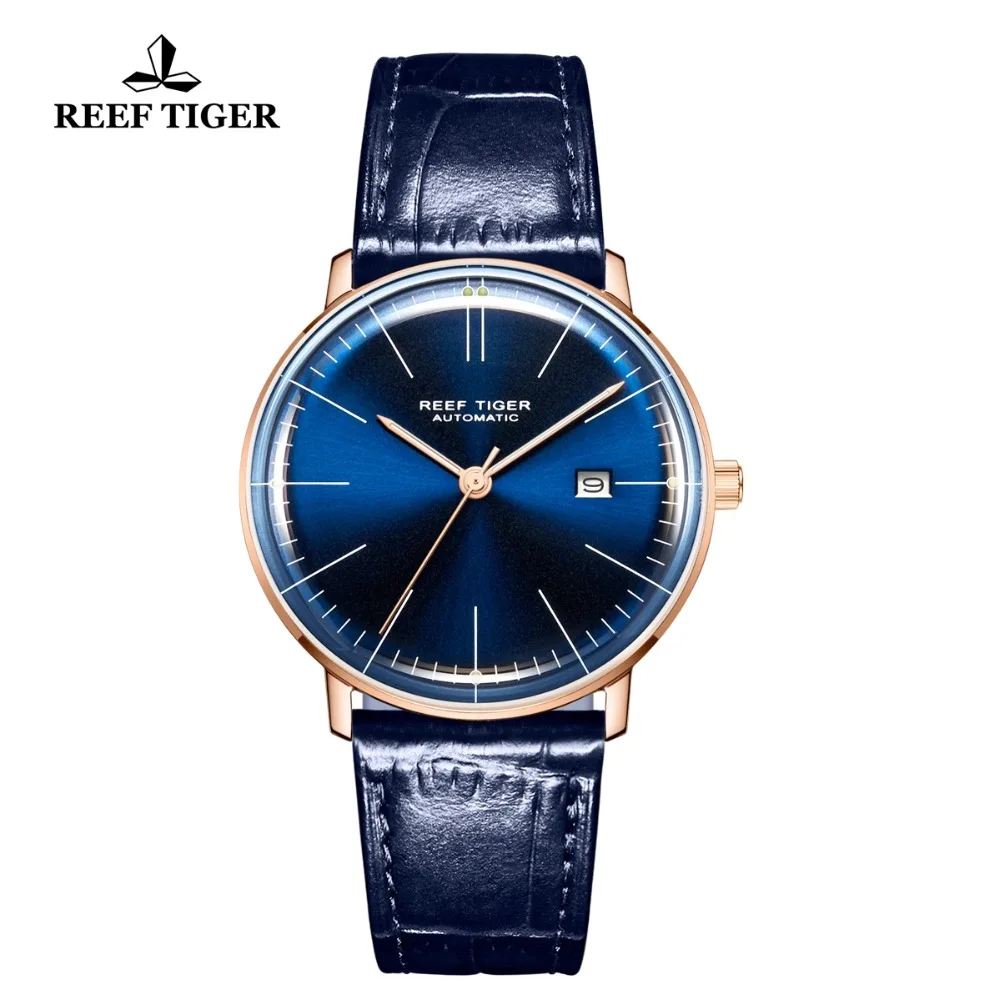 

Reef Tiger/RT Men Luxury Brand Automatic Watch Blue Leather Strap Rose Gold Casual Watches Clock Relogio Masculino RGA8215