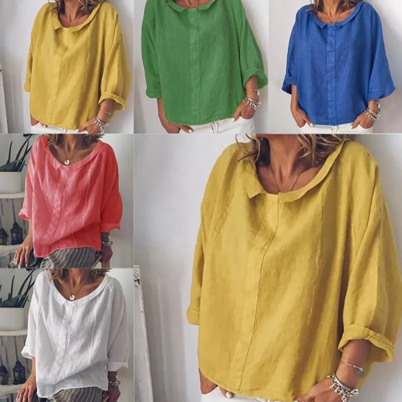 Женские однотонные льняные топы и блузки больших размеров женские с воротником