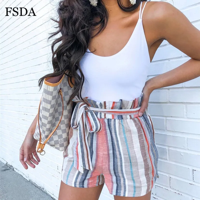 Женские шорты в полоску FSDA мини с высокой талией и карманами лето 2019|Женские