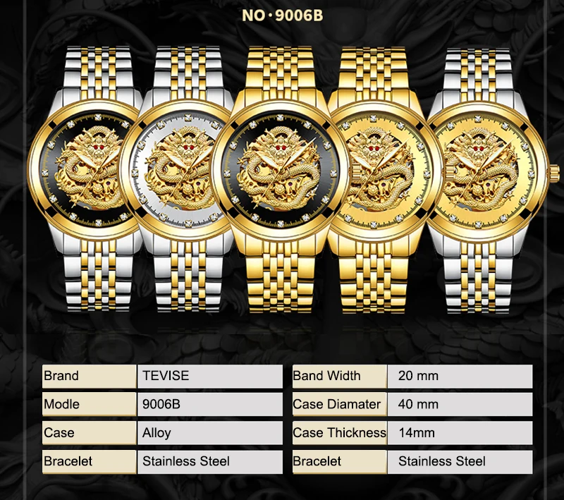 TEVISE 9006B, мужские часы, 3D золотой дракон, автоматические часы, стразы, Роскошные, самовзводные, механические часы, светящиеся, Montre Homme
