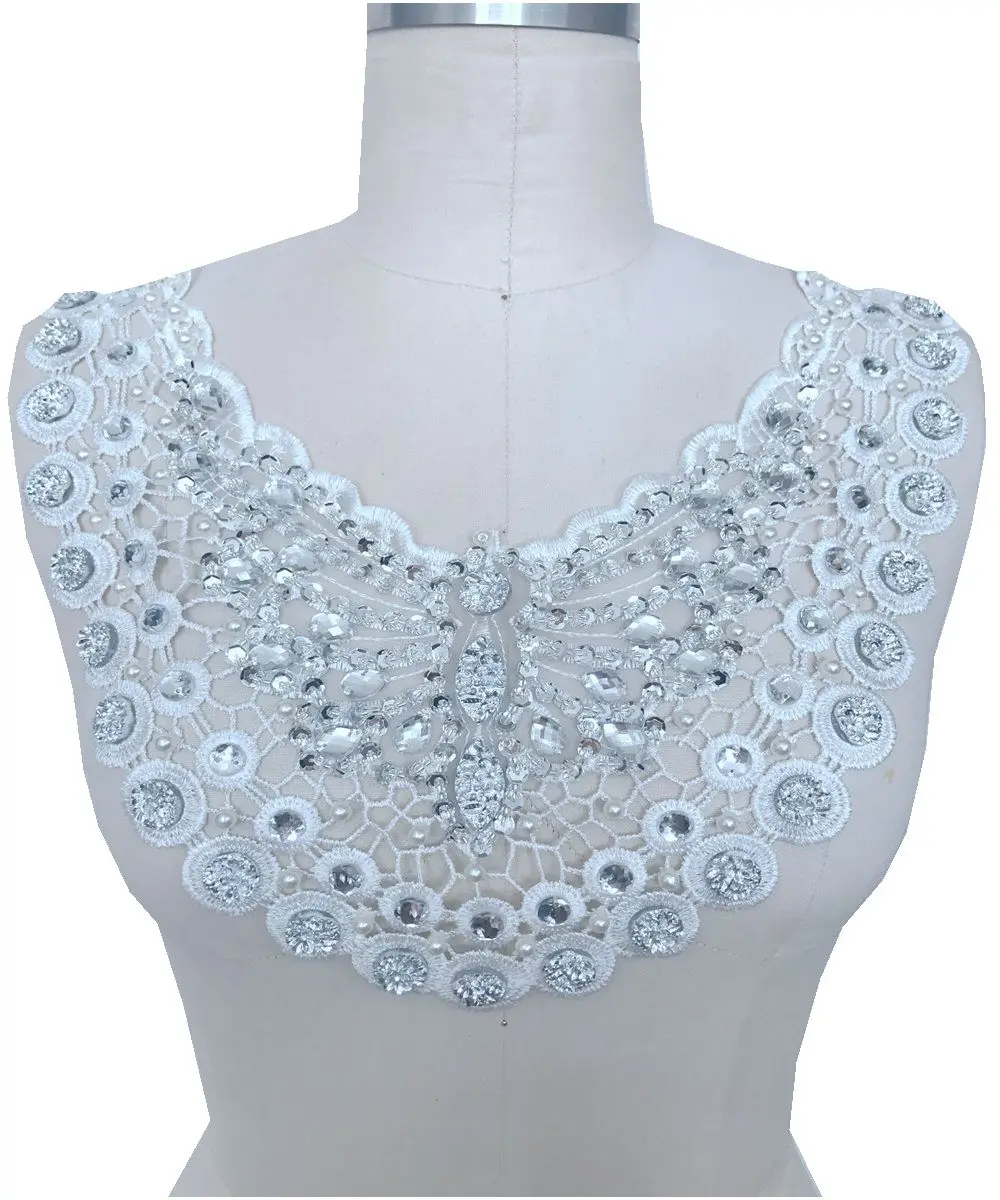 

sew on rhinestones beads pearl ivory lace applique trim patches 27*33cm for dress accessory