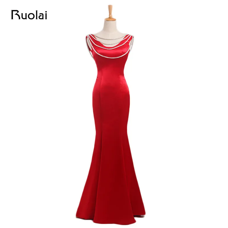 

New 2019 Beaded Neckline Red Evening Dress Satin Mermaid Prom Dress Sexy Back Crystal Dropped Vestido de Fiesta ASAE64