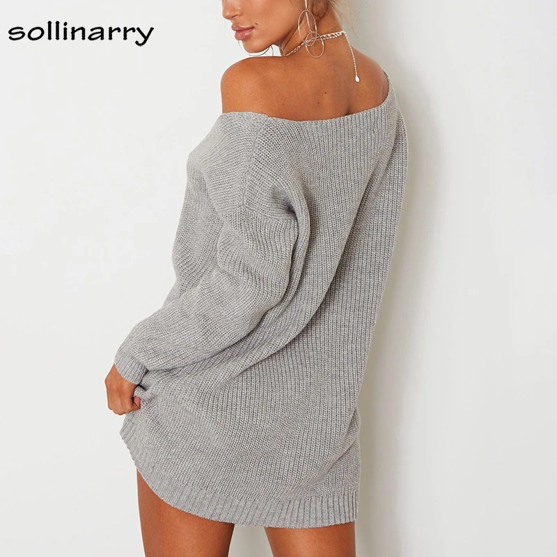 Sollinarry V Neck Off Shoulder Women's Knitted Sweater Dress Full Sleeve Long Casual Jumper Femme Pullover Autumn Winter Vestido | Женская