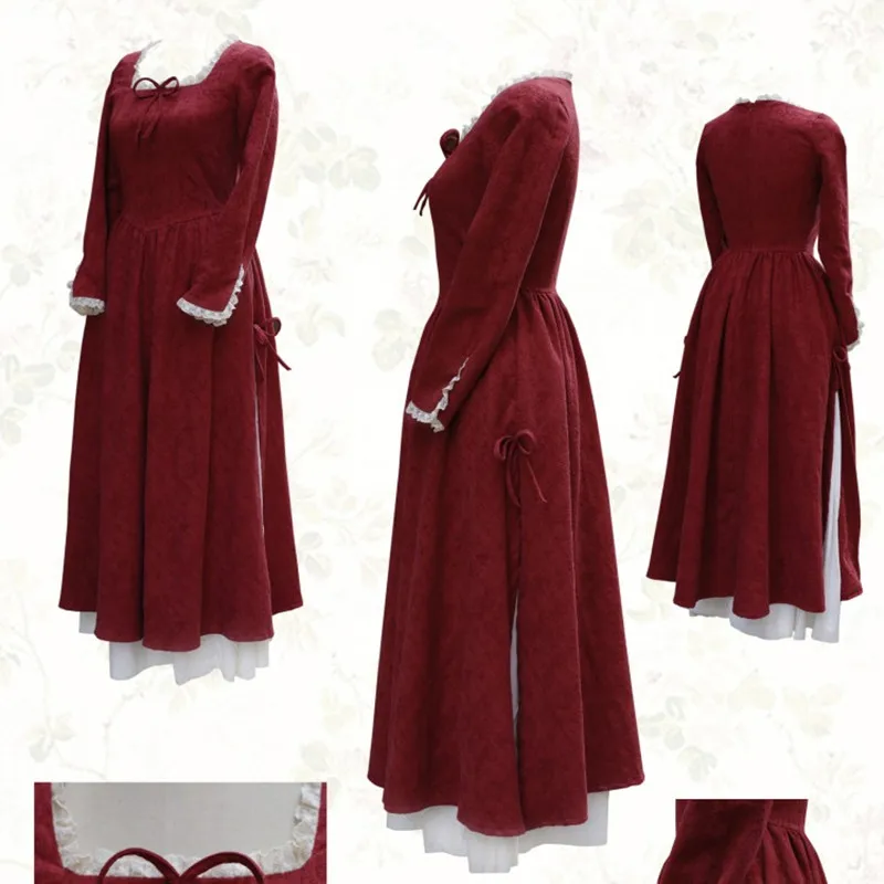 Spring Autumn Women Dress Court Style Vintage Lace Elegant Ladies Slim Corduroy Sexy Slit Wine Red Long Clothes | Женская одежда