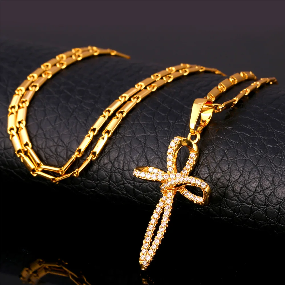 U7 Крест Кулон Ожерелье Для Женщин Ювелирные Изделия Позолоченный Циркон Крестик