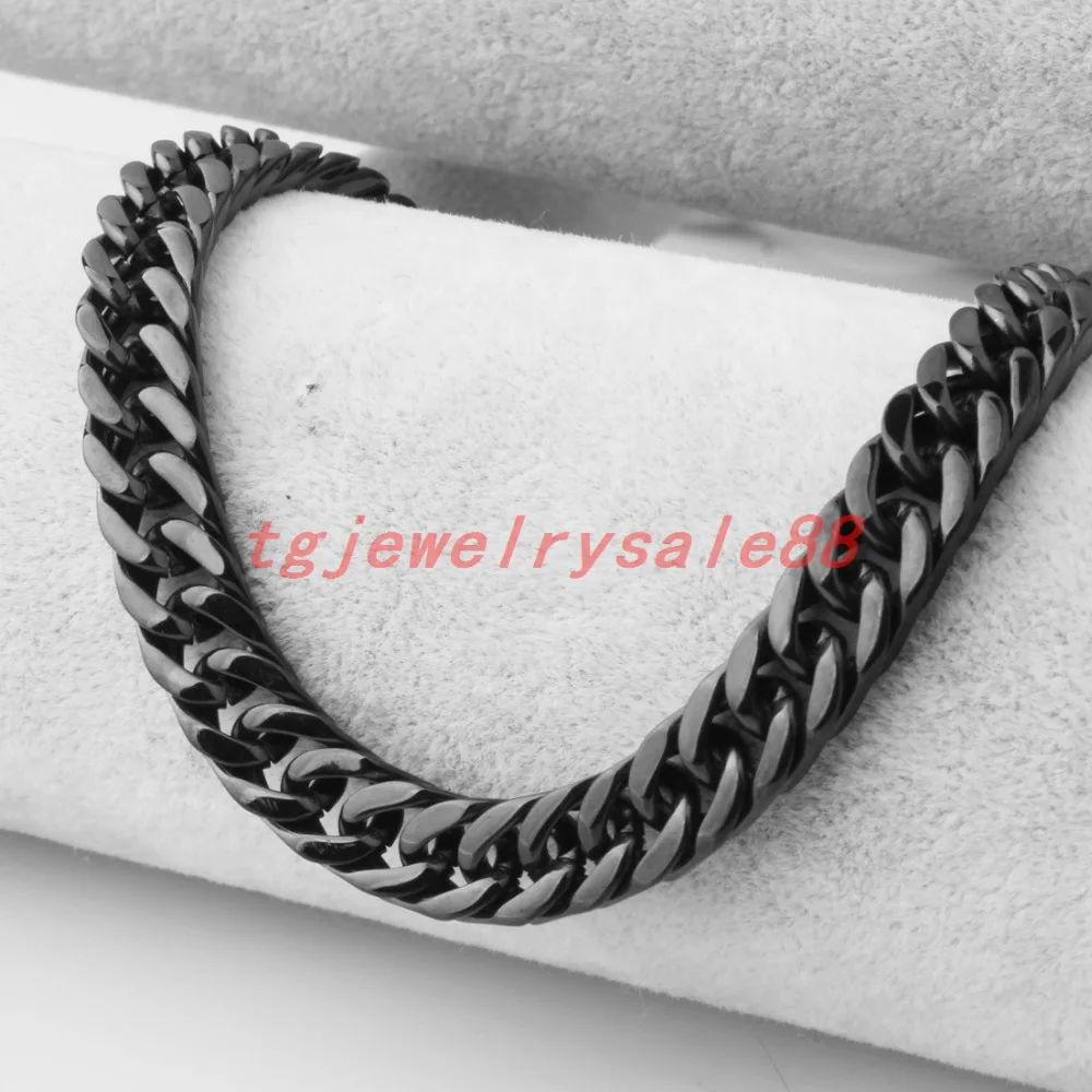 

8mm Wide Black Color Punk Style Men's Stainless Steel Cuban Curb Link Chain Bracelet Or Necklace Jewelry 7-40inches Choose
