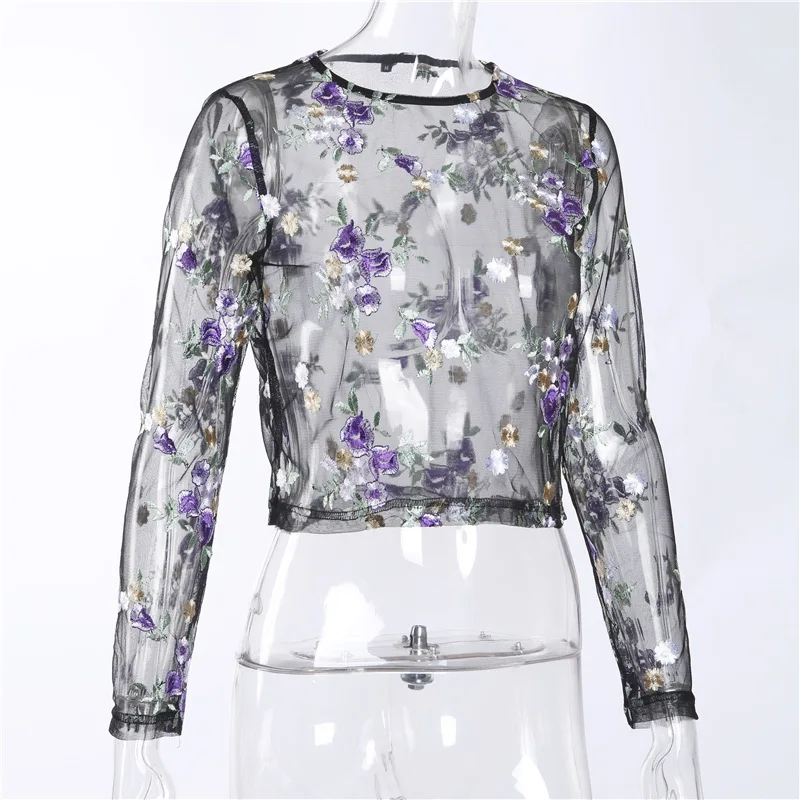 Женская прозрачная блузка с цветочной вышивкой летняя длинным рукавом | одежда