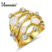 viennois luxury wide finger rings for women white shell rhinestone rings gold color wedding rings fashion jewelry party gifts