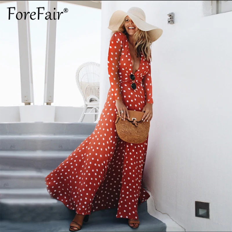 Forefair красное женское длинное Макси платье в горошек 2018 летнее пляжное стиле бохо