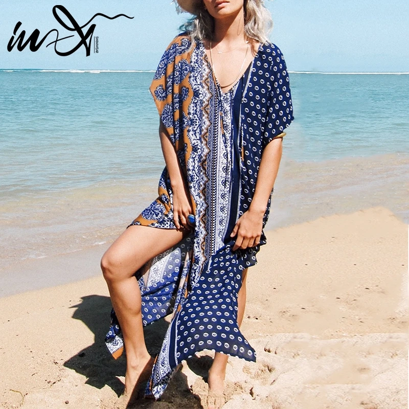 In-X сексуальное пляжное платье с принтом 2019 пляжная одежда накидка Robe de Plage