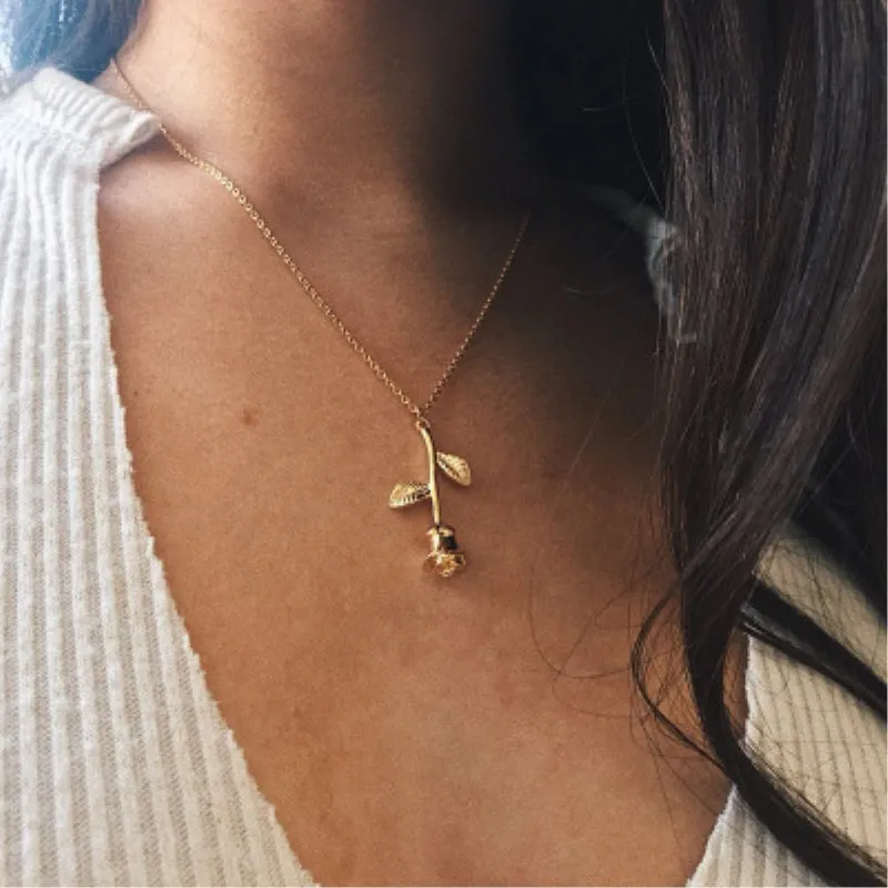 

ONEVAN Fashion Jewelry Pink Gold Rose Statement Pendant Necklace Women's Beauty and Beast Jewelry Lovers Gifts