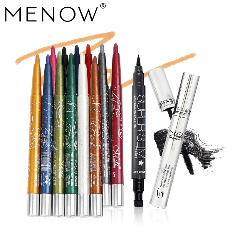 MENOW Brand Make up set 12Colors Waterproof Eyeliner Pencil Lip liner & Fashion Star Eye Liner &Silver Tube Curling Mascara 5435|Наборы для