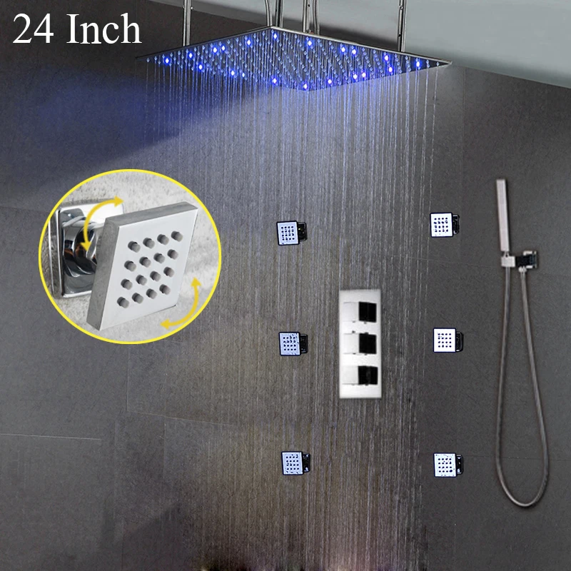 

European Style LED Shower Heads Square Rain Bathroom Shower Kit 6PCS/set Shower Massage Jets Copper Thermostatic Mixer Valve