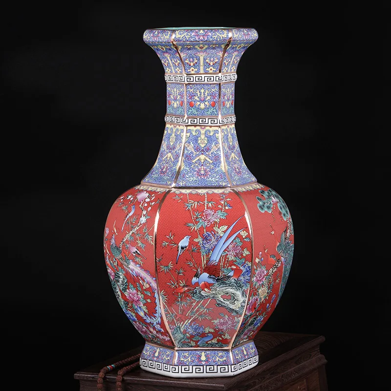 Цзиндэчжэнь Qianlong эмалированная Античная Шестигранная высокая ваза напольные