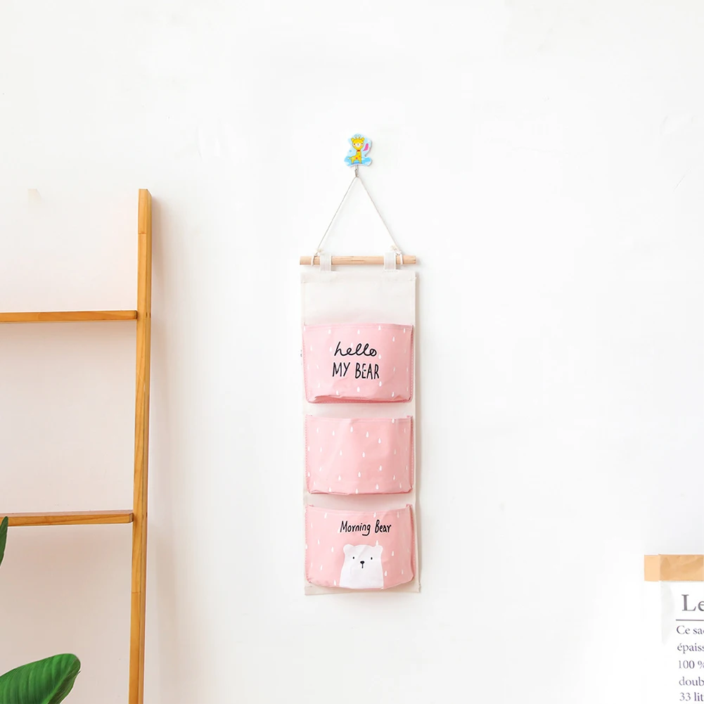 pink Настенные подвесные сумки для хранения, льняной шкаф, детский органайзер для комнаты, мешочек для игрушек, книг, косметический Органайзер для мелочей, 3 кармана - Цвет: pink