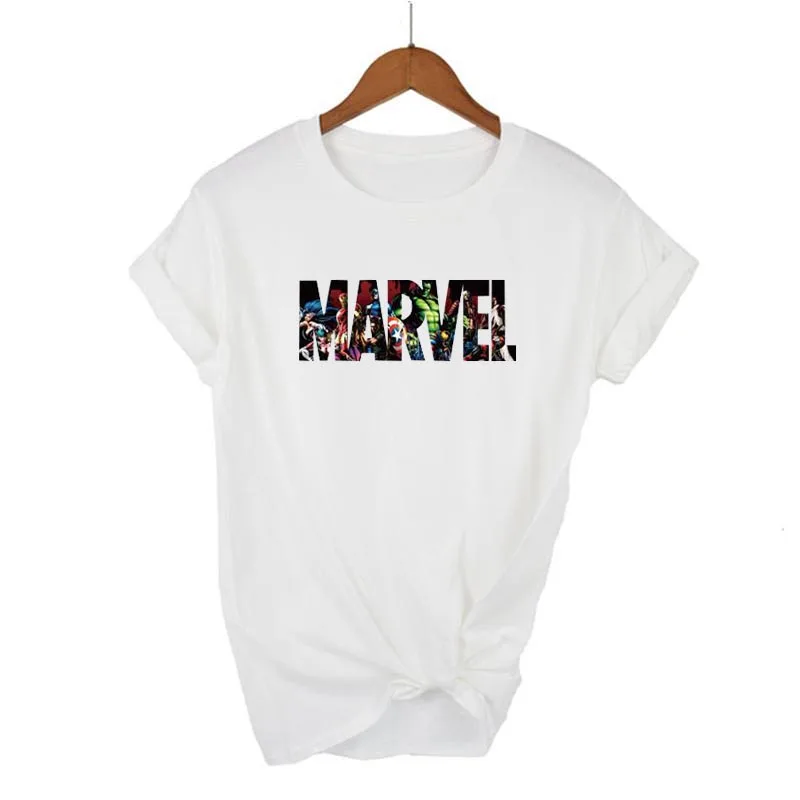 Футболка из хлопка с принтом Marvel мстители Женская одежда коротким рукавом Топ