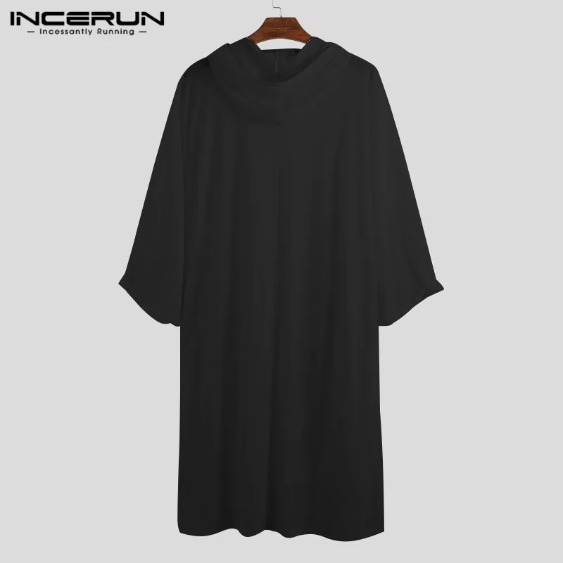INCERUN мужская длинная футболка с капюшоном, свободная однотонная мусульманская кафтан, мусульманская Арабская одежда, топы с длинным рукавом, винтажные футболки для мужчин