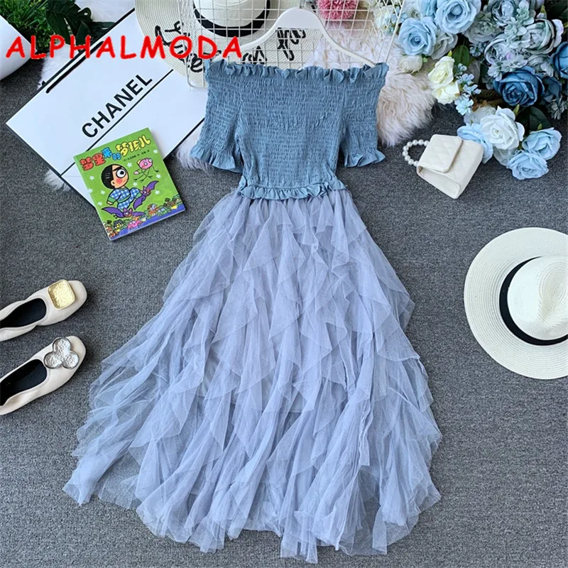 ALPHALMODA, Дамское милое бальное платье, платье с эластичным верхом, с открытыми плечами, неровное, гофрированное, Сетчатое, лоскутное, для женщин, Ретро стиль, принцесса, vestidos