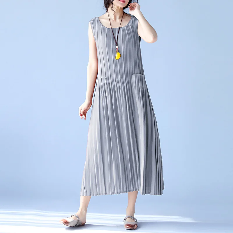 

2XL 3XL pleated chiffon long dress plus size casual solid vest dress with pocket loose summer dress women large vestidos robe