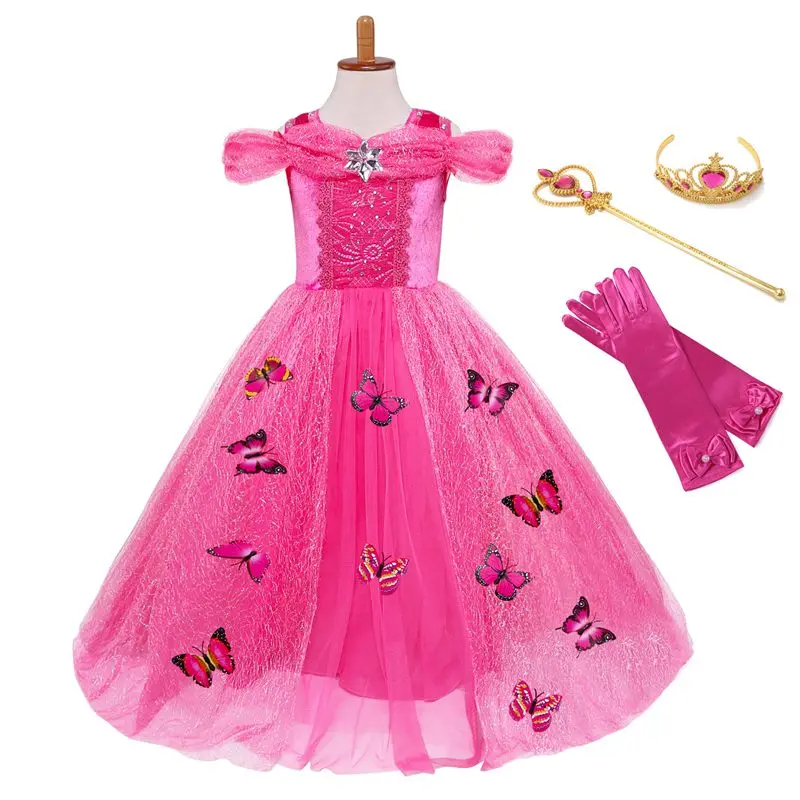 Rose Dress Set MUABABY Костюм Золушки для девочек; 4 цвета; Детские карнавальные платья Белль на Хэллоуин, день рождения, маскарадный костюм с 10 бабочками - Цвет: Rose Dress Set