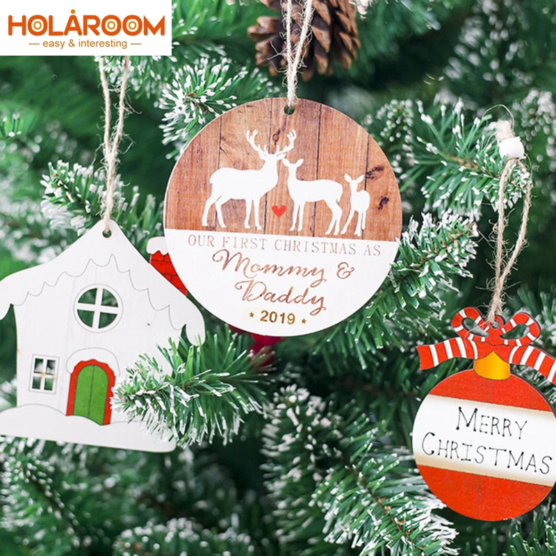 

2pcs Wooden Baubles Tags Christmas decoration pendant tree hanging ornament deer House Christmas ornaments DTY Decorations